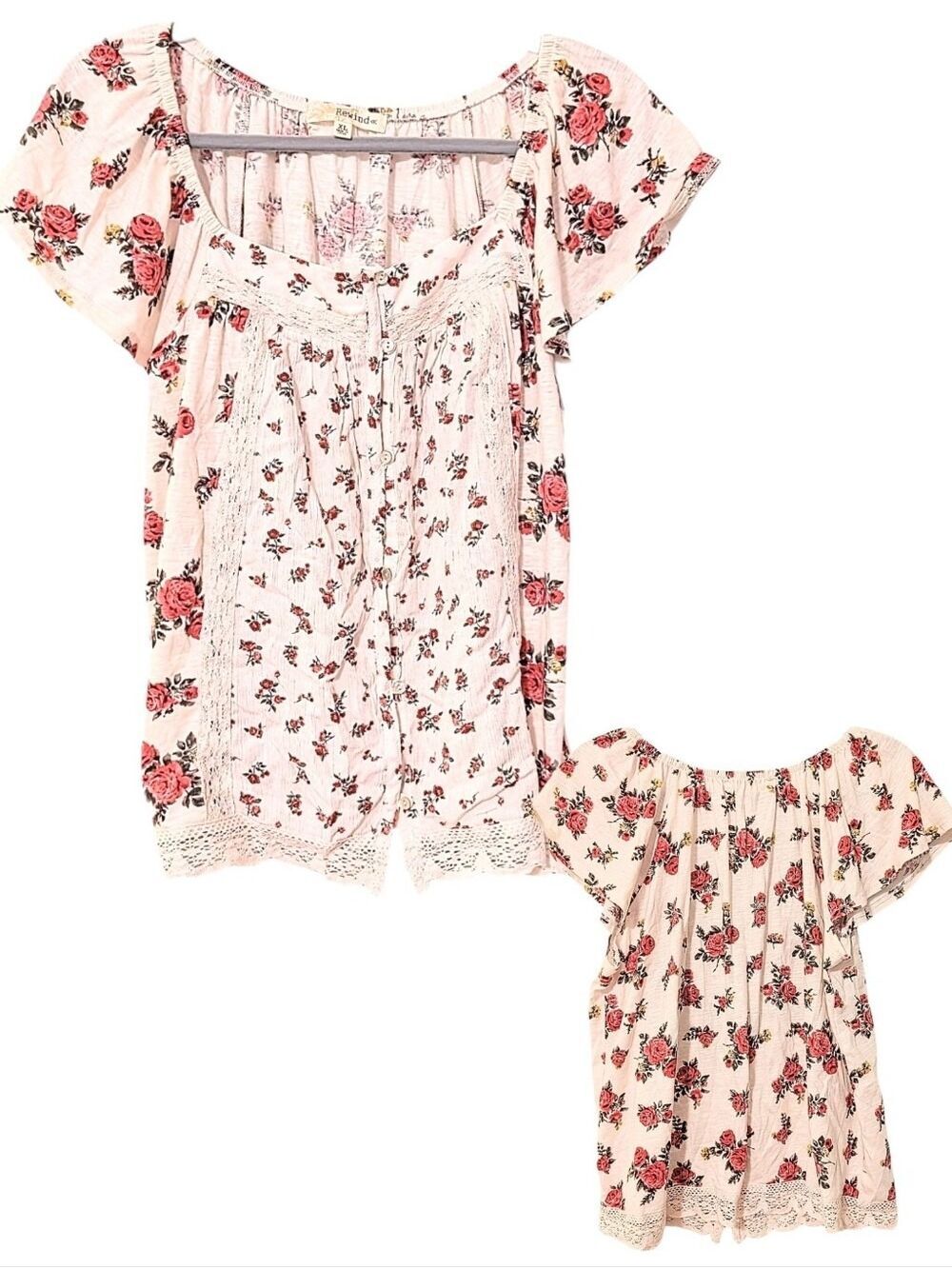 Rewind Cream Floral Scoop-Neck Blouse with Lace Trim